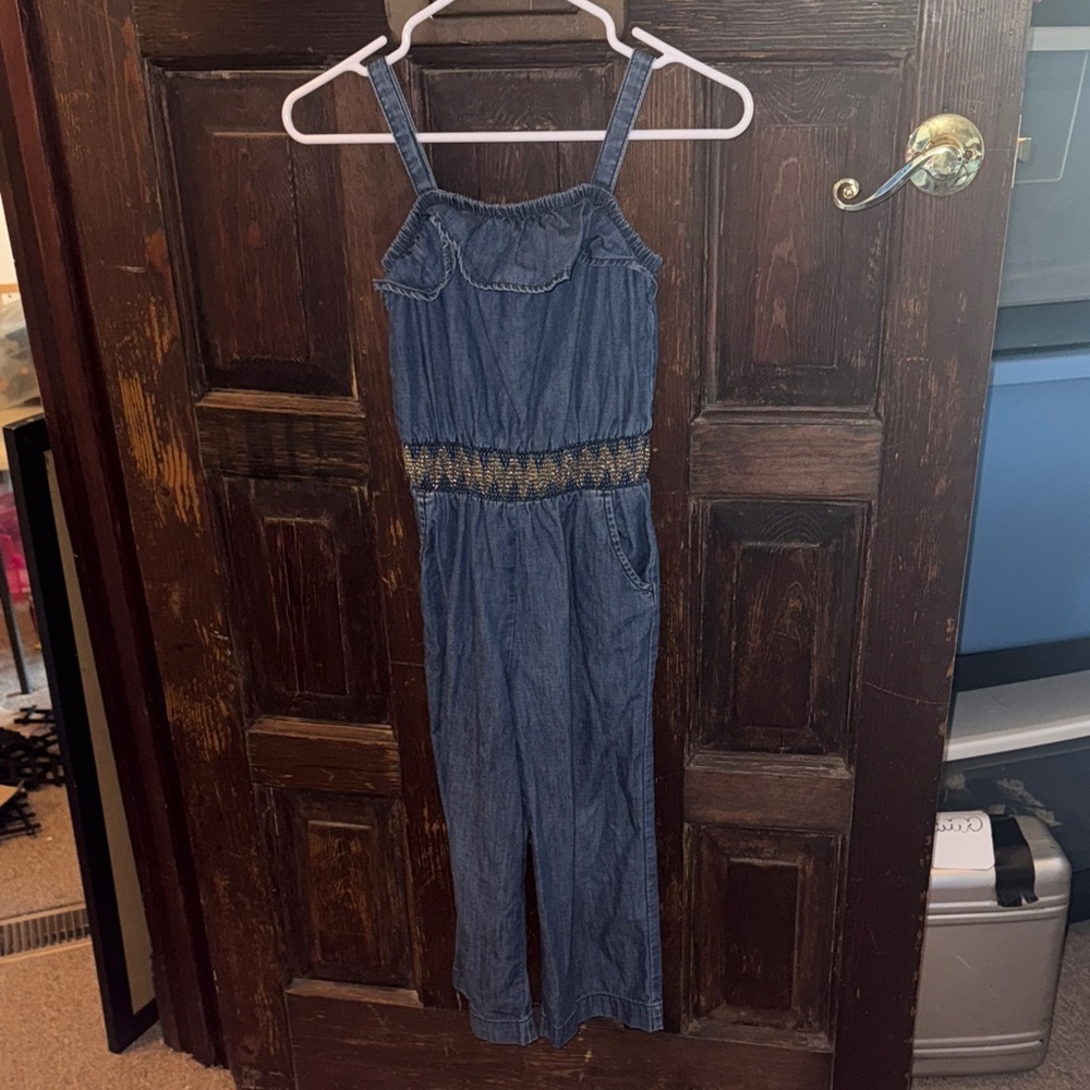 Girls Denim Jumpsuit with Ruffle and Embroidered Detail